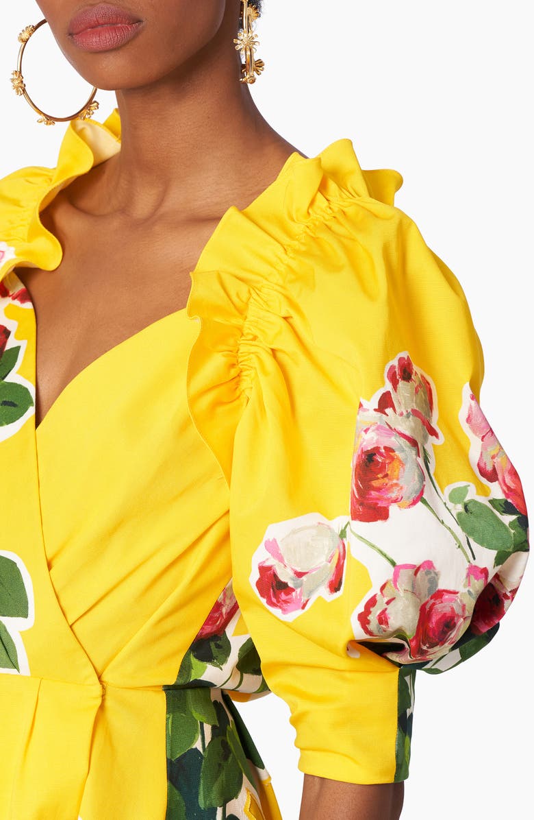 Carolina Herrera Floral Puff Sleeve Wrap Dress, Alternate, color,