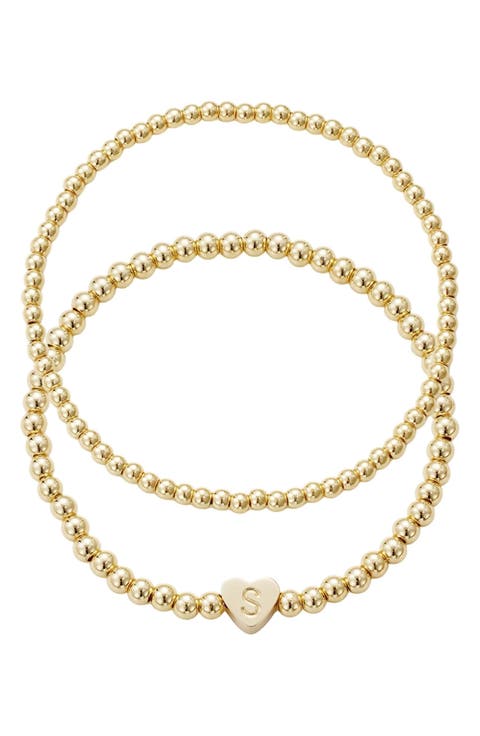Initial Heart Charm Beaded Chain Bracelet Set