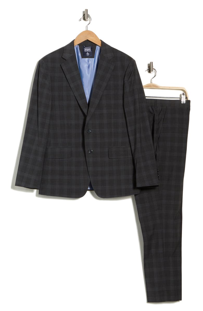 Original Penguin Grey Plaid Notch Lapel Wool Blend Suit, Main, color, Grey/ Blue