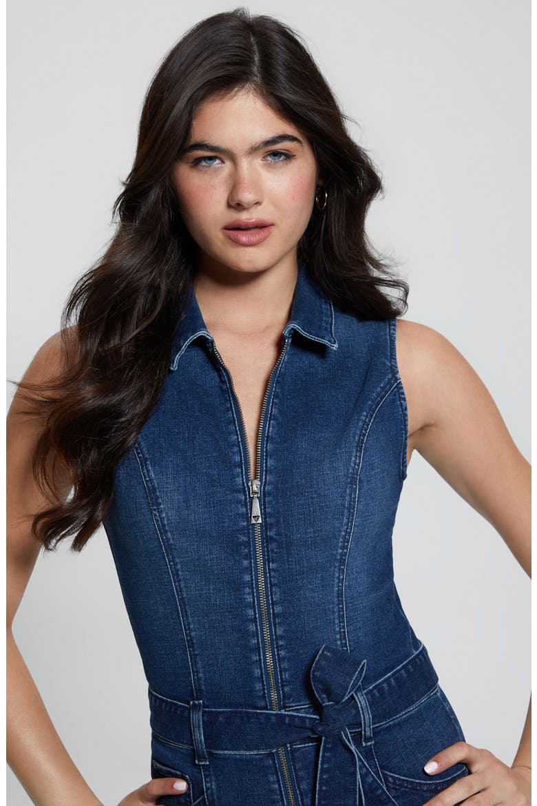 Kimora Tie Belt Denim Romper, Alternate, color, DREAMING