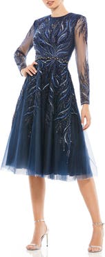 Mac Duggal Embellished Tea-Length Illusion Cocktail Dress