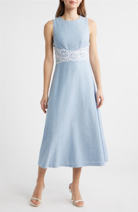 Lace Trim Linen Blend Midi Dress
