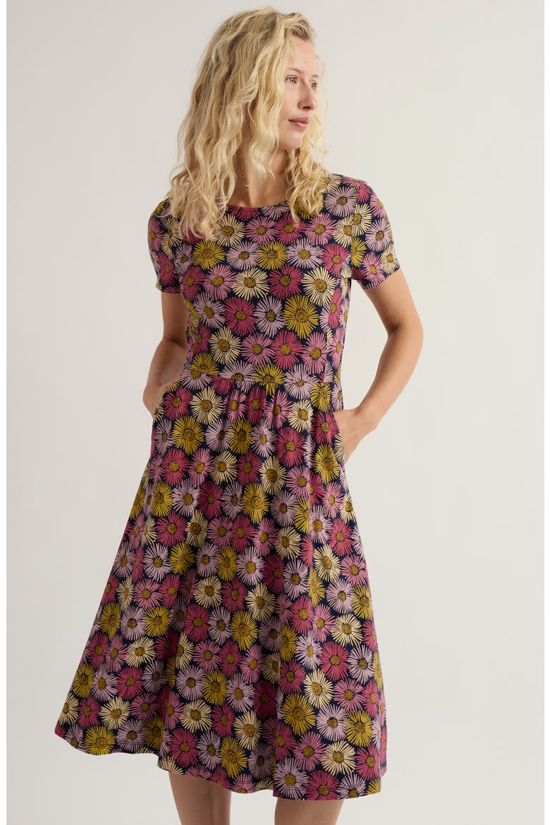 April Stretch Organic Cotton Fit & Flare Dress, Alternate, color, PAINTED ASTERS MARITIME