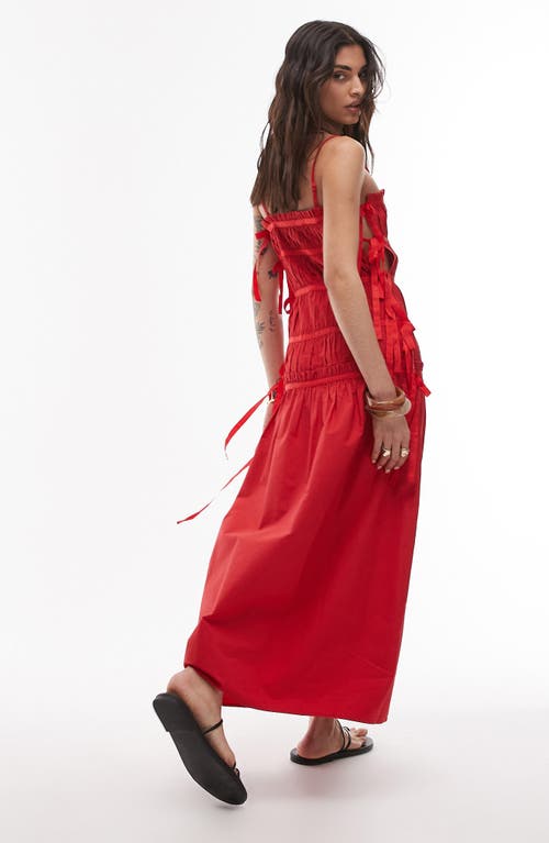 Topshop Ruched Cotton Poplin Midi Dress In Red