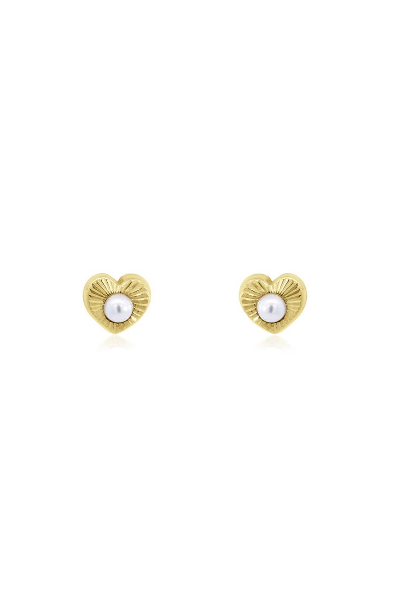 The Lovery Fine Jewelry Fluted Pearl Heart Screw Back Stud Earrings, Main, color, Gold