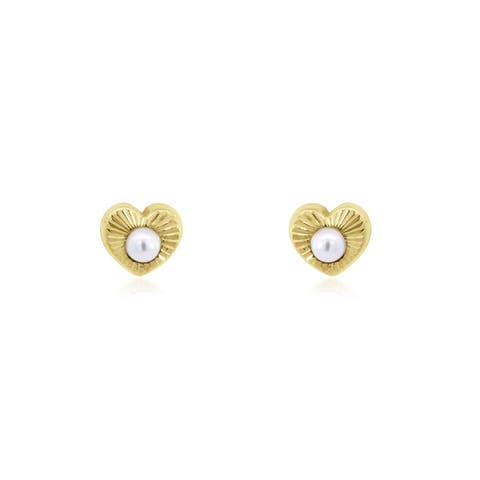 Fluted Pearl Heart Screw Back Stud Earrings