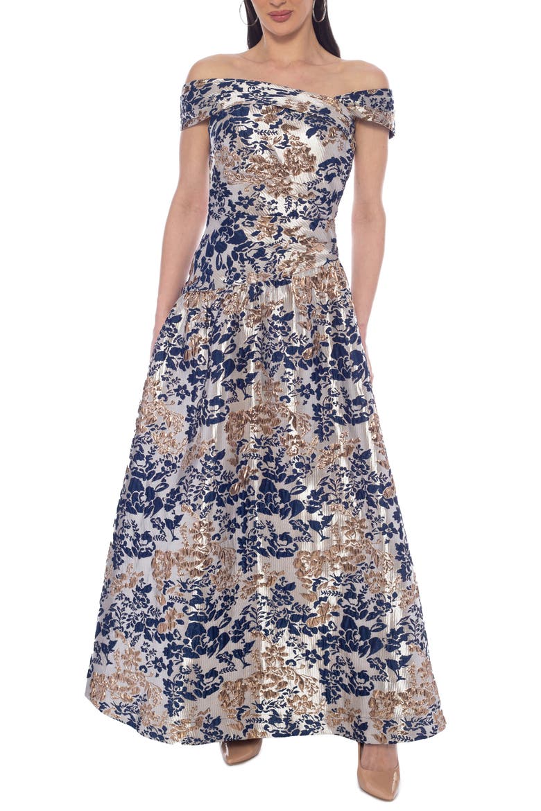 Off-the-Shoulder Brocade Gown, Main, color, NAVY GOLD