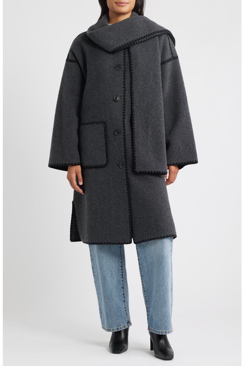 Embroidered Trim Long Scarf Coat, Main, color, CHARCOAL