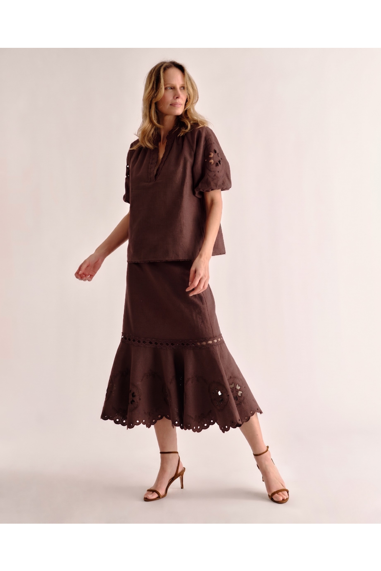 Catalina Embroidered Linen Top, Alternate, color, Cacao