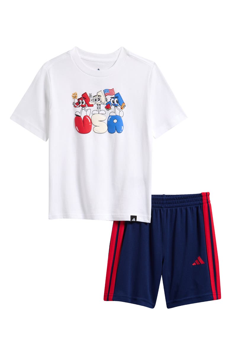 adidas Kids' Graphic Print T-Shirt & 3-Stripes Shorts Set, Main, color, White