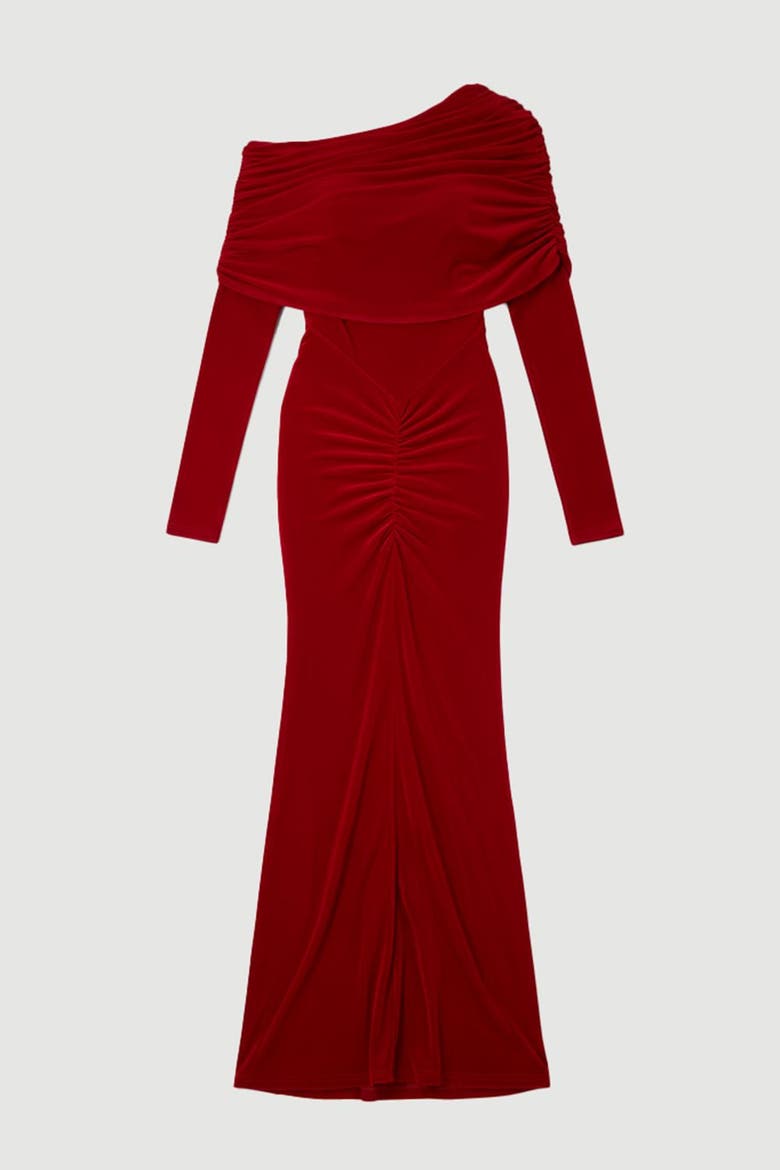 Ruched Off Shoulder Fishtail Maxi Dress, Alternate, color, Red