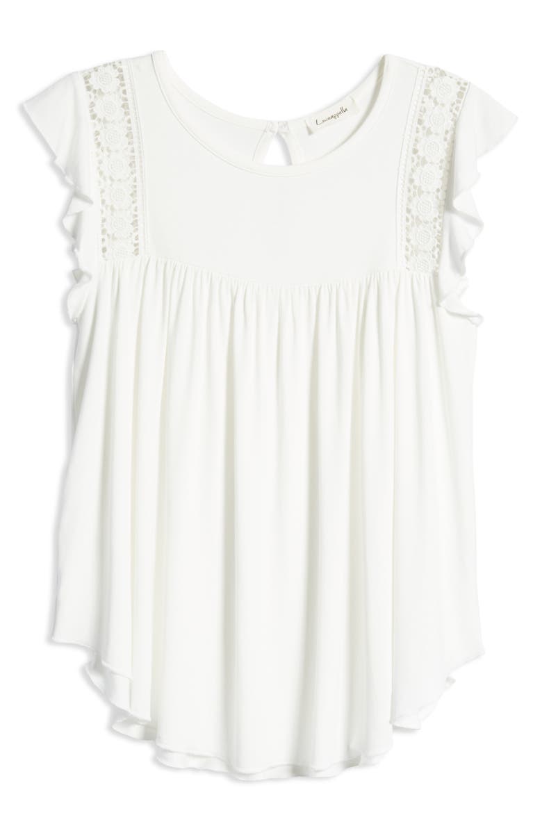 Loveappella Crochet Inset Flutter Top, Alternate, color, 
