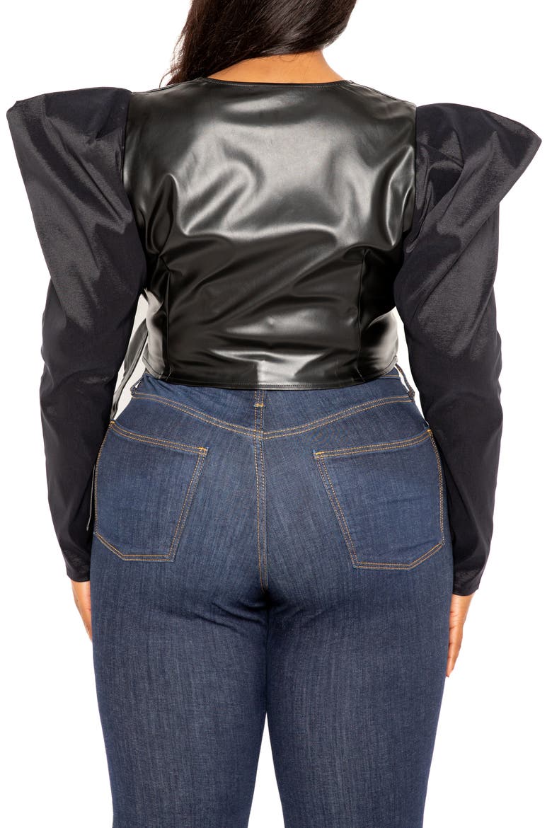 Exaggerated Shoulder Faux Leather Wrap Top, Alternate, color, BLACK