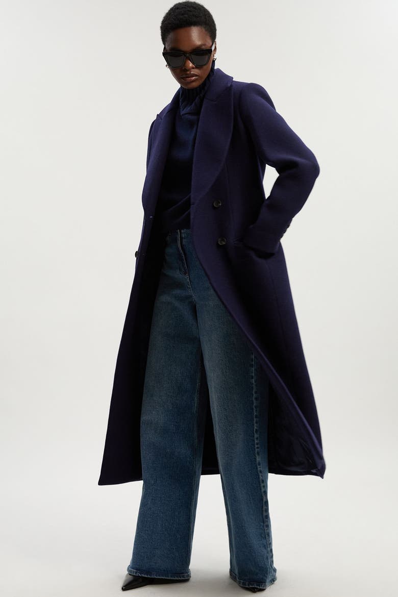 Double Breasted Tailored Midi Coat, Main, color, Navy