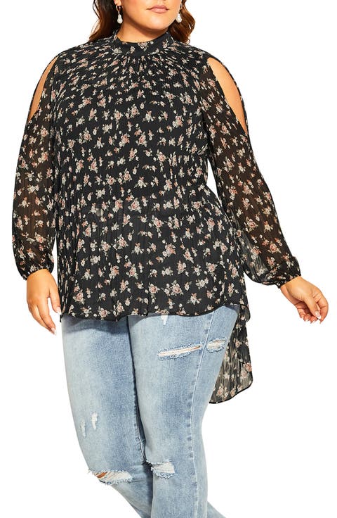 Rosebud Floral Cold Shoulder Top (Plus Size)