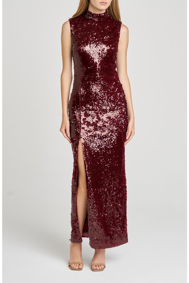 Ivy Sequin Mock Neck Sleeveless Sheath Cocktail Dress, Main, color, BURGUNDY