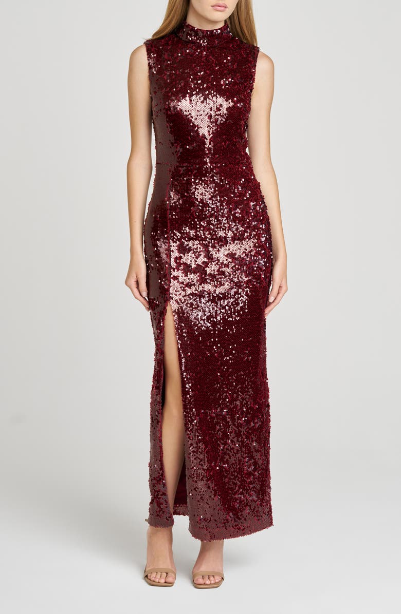WAYF Ivy Sequin Mock Neck Sleeveless Sheath Cocktail Dress, Main, color, Burgundy