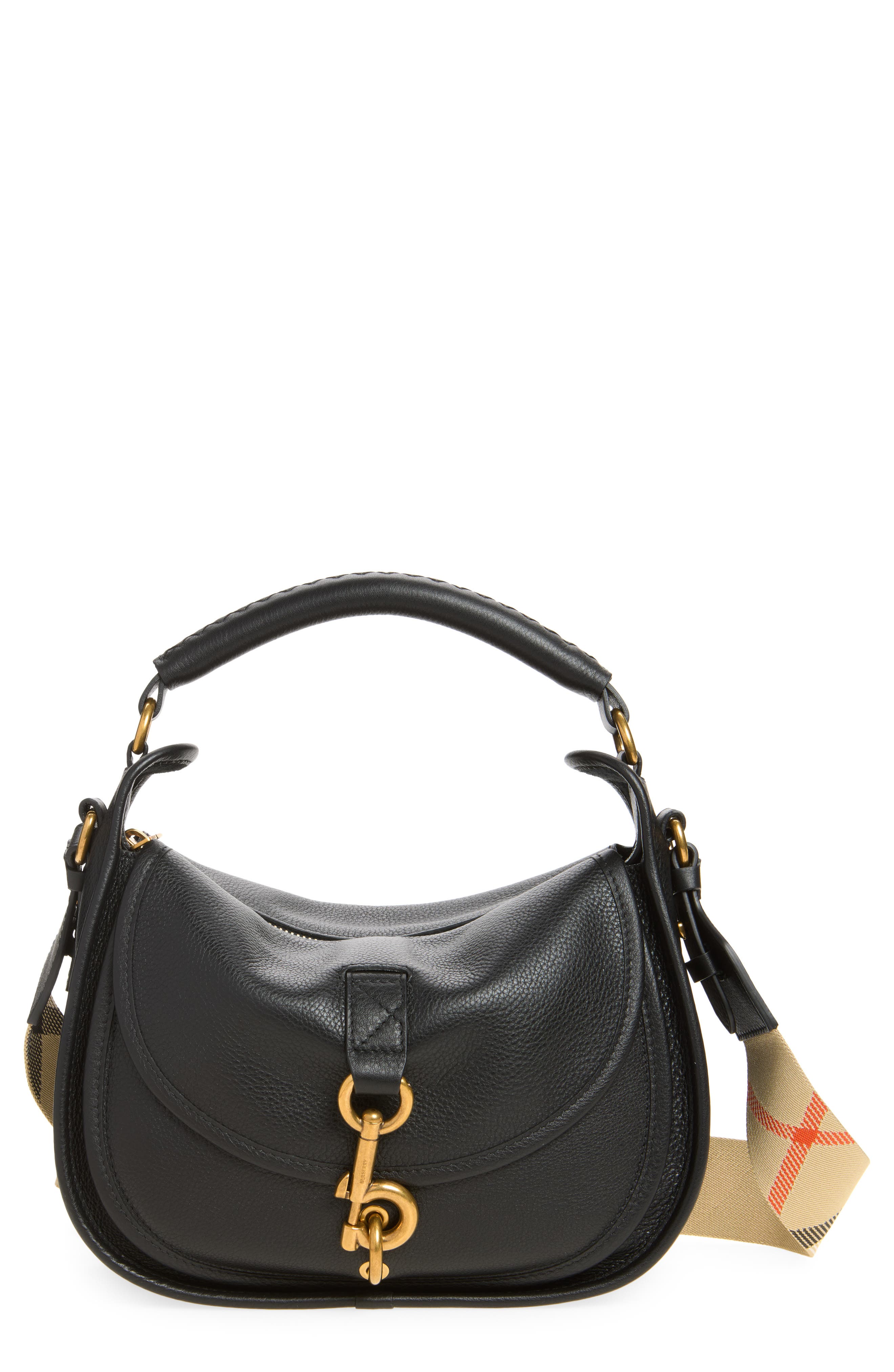 Small B Clip Leather Messenger Crossbody Bag, Main, color, BLACK
