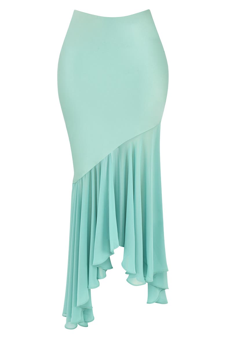 Lila Asymmetric Ruffle Stretch Satin & Georgette Skirt, Alternate, color, JADE