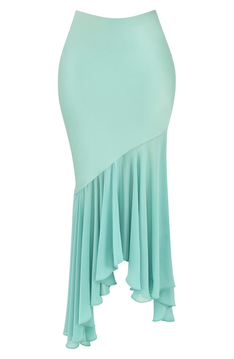 HOUSE OF CB Lila Asymmetric Ruffle Stretch Satin & Georgette Skirt, Alternate, color, Jade
