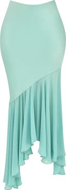 HOUSE OF CB Lila Asymmetric Ruffle Stretch Satin & Georgette Skirt