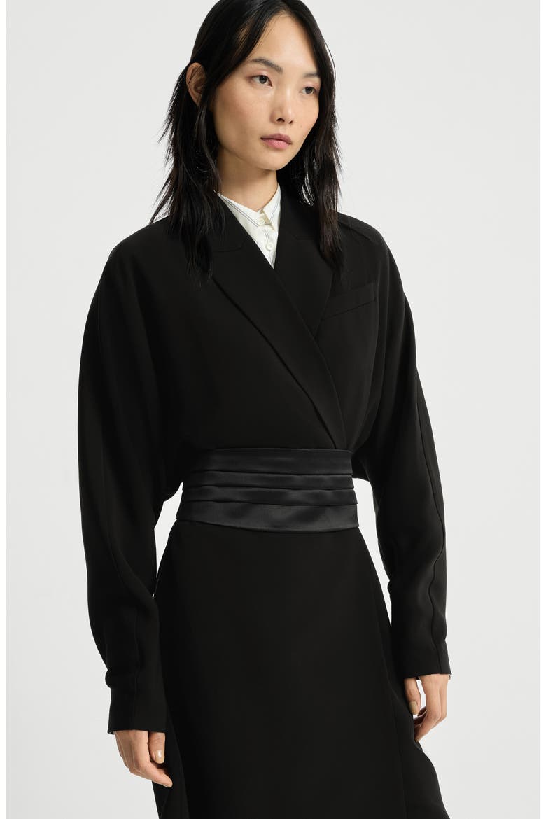 Silk and acetate crêpe cady tuxedo dress with monili, Alternate, color, Black
