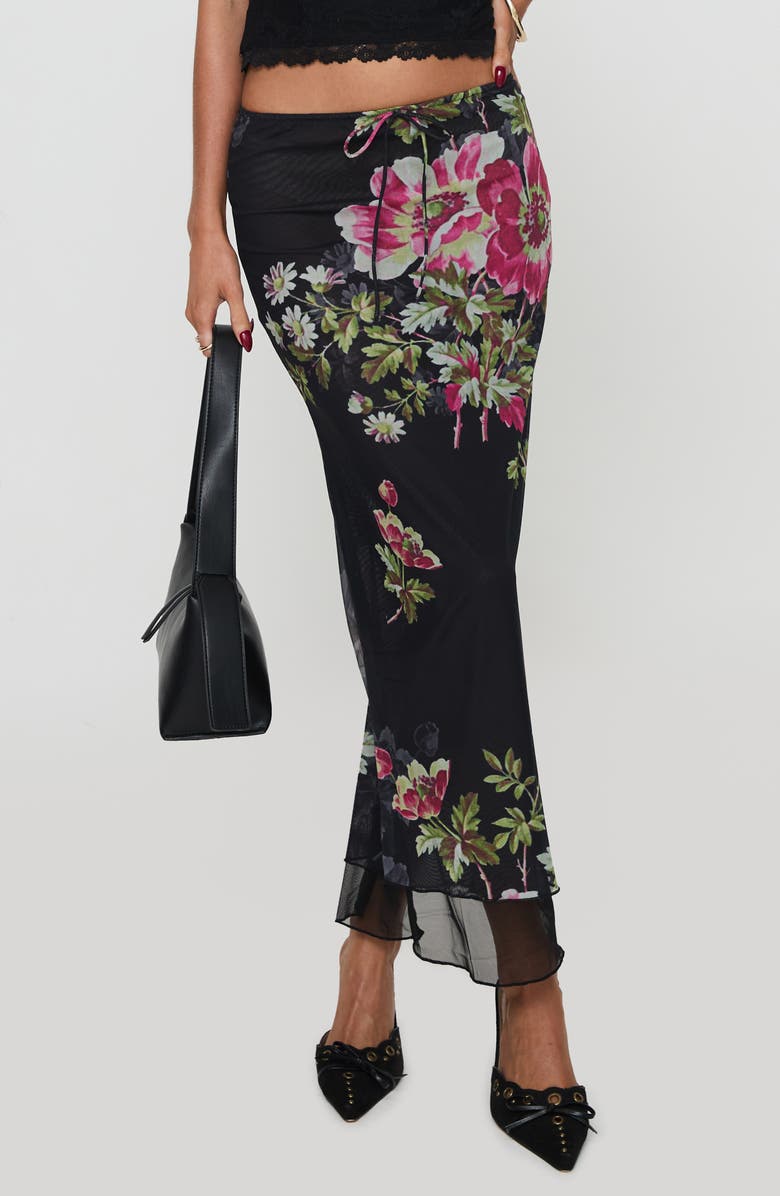 Princess Polly Paganio Floral Print Maxi Skirt, Main, color, Black Floral