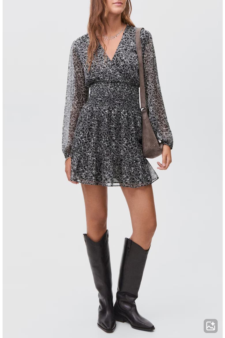 Leopard Print Long Sleeve Minidress, Main, color, GREY