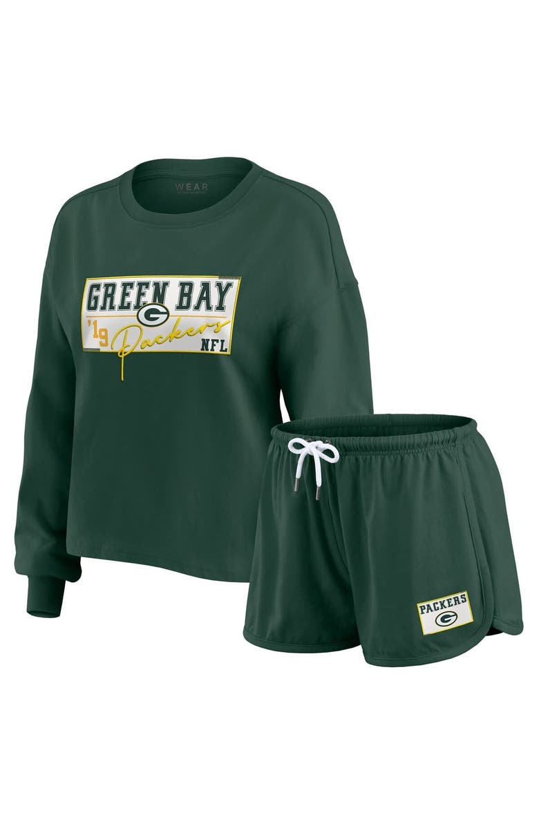 WEAR by Erin Andrews Women's WEAR by Erin Andrews Green Green Bay Packers Heavy Rugby Jersey Long Sleeve T-Shirt & Shorts Lounge Set, Main, color,