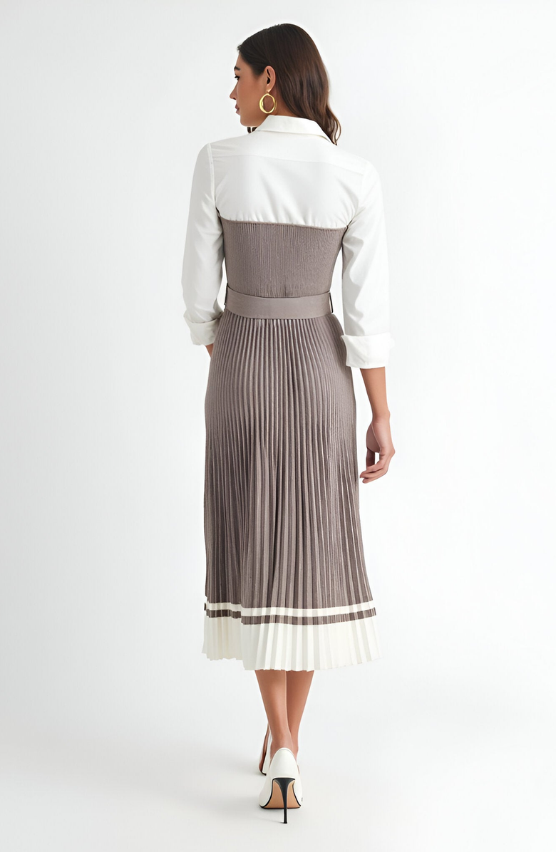 Modenaire Pleated Belted Shirt Collar Contrast Hem Midi Dress, Alternate, color, 