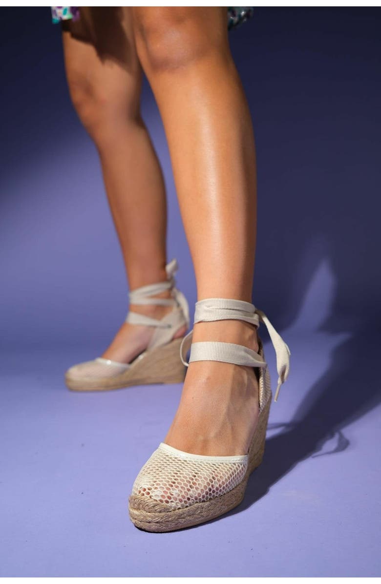 Forever & Always Shoes Lions Mesh Leather Wedge Espadrilles Sandal, Alternate, color, Beige Leather