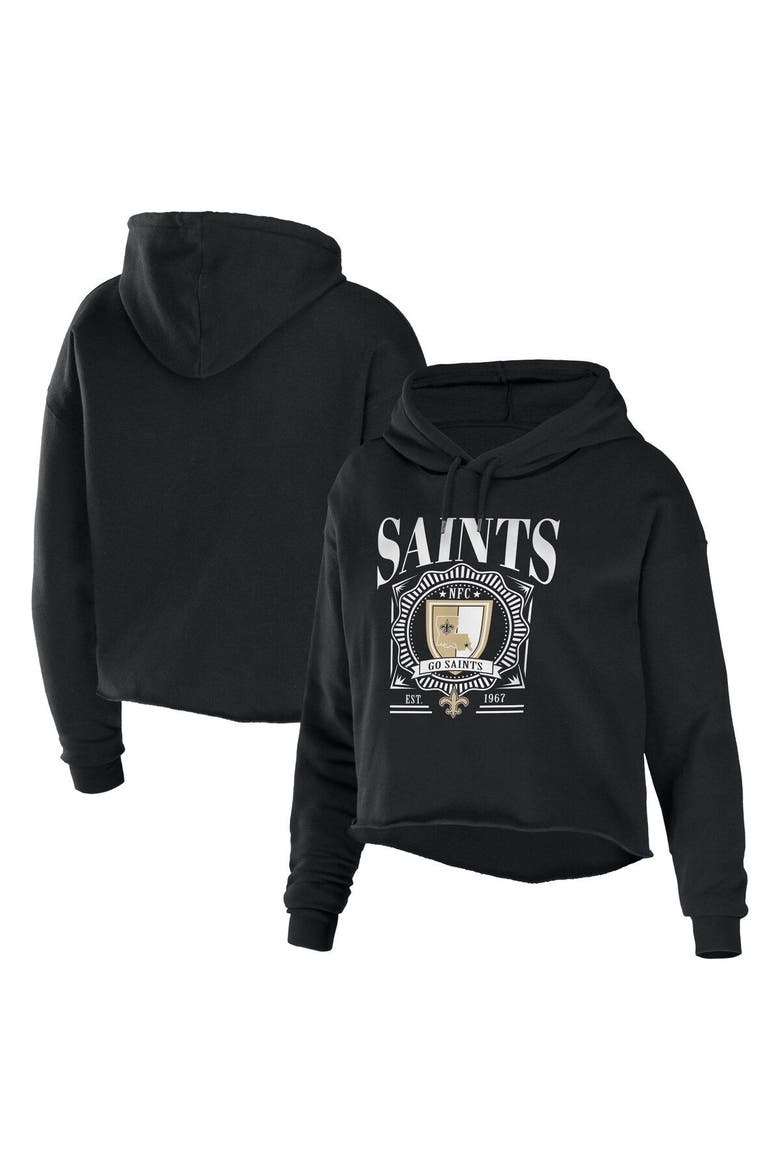 Women's WEAR by Erin Andrews Black New Orleans Saints Cropped Sponge Fleece Pullover Hoodie, Main, color, Black