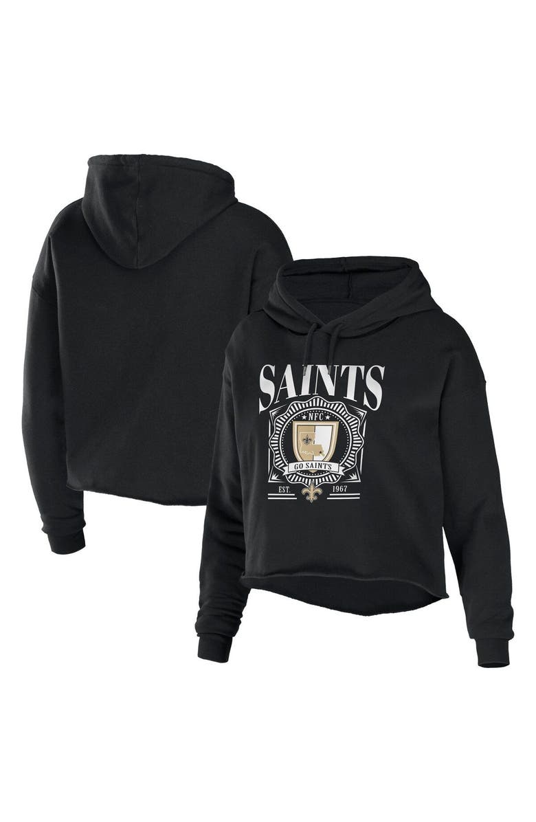WEAR by Erin Andrews Women's WEAR by Erin Andrews Black New Orleans Saints Cropped Sponge Fleece Pullover Hoodie, Main, color, Black