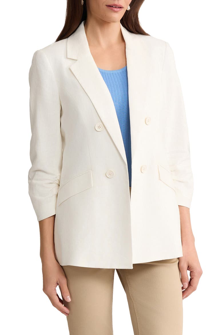 Scrunch Sleeve Faux Double Breasted Linen Jacket, Main, color, NATURAL WHITE