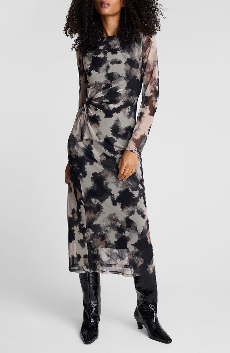 Kenneth Cole Knot Waist Long Sleeve Mesh Dress, Main, color, Black Multi