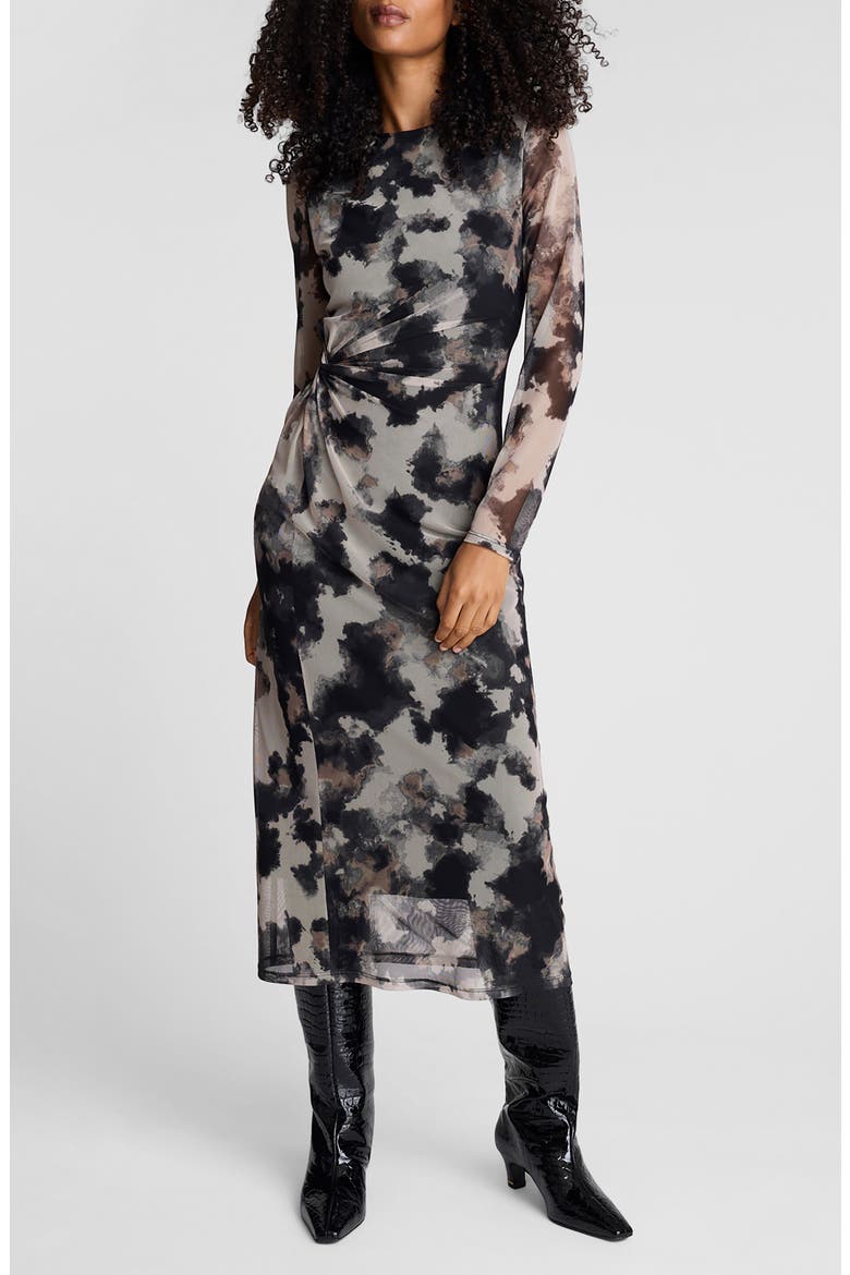 kenneth cole women's knot-front long-sleeve maxi dress Kenneth Cole Women's Printed Mesh Long Sleeve Knot Midi Dress, Black, XS