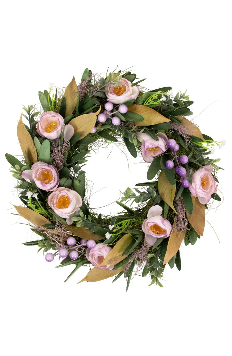 Northlight Peonies and Greenery Small Artificial Spring Wreath - 13" - Purple, Main, color, Purple