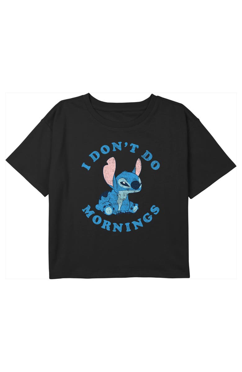 Lilo & Stitch Girl's Lilo & Stitch I Don't Do Mornings Stitch Distressed Graphic T-Shirt, Main, color, Black