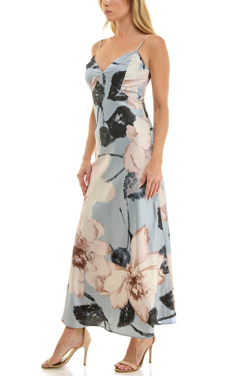 Socialite Floral Print Stretch Satin Slipdress, Alternate, color, Blue Ivory