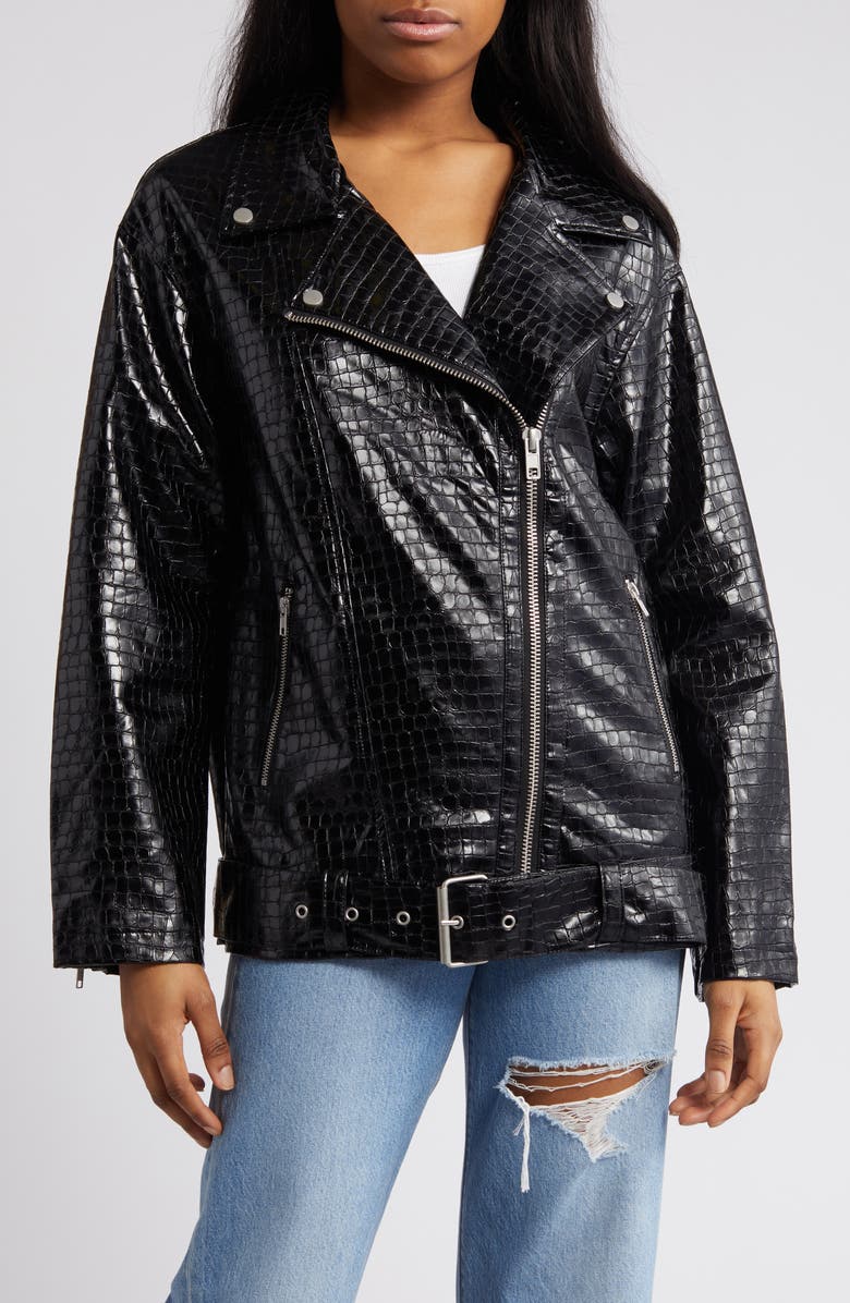 ASOS DESIGN Croc Embossed Patent Leather Moto Jacket, Alternate, color,