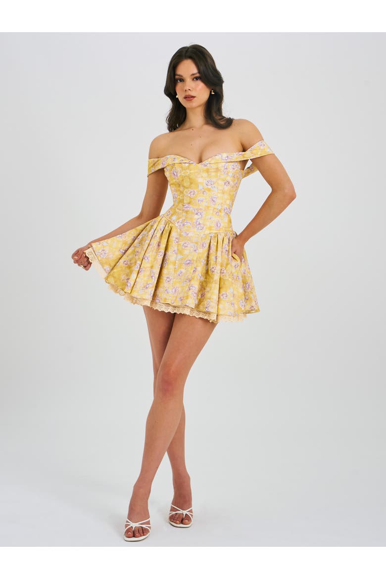 Oana Floral Print Linen Collared Off Shoulder Mini Dress, Main, color, Floral print