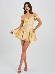 Miss Circle Oana Floral Print Linen Collared Off Shoulder Mini Dress