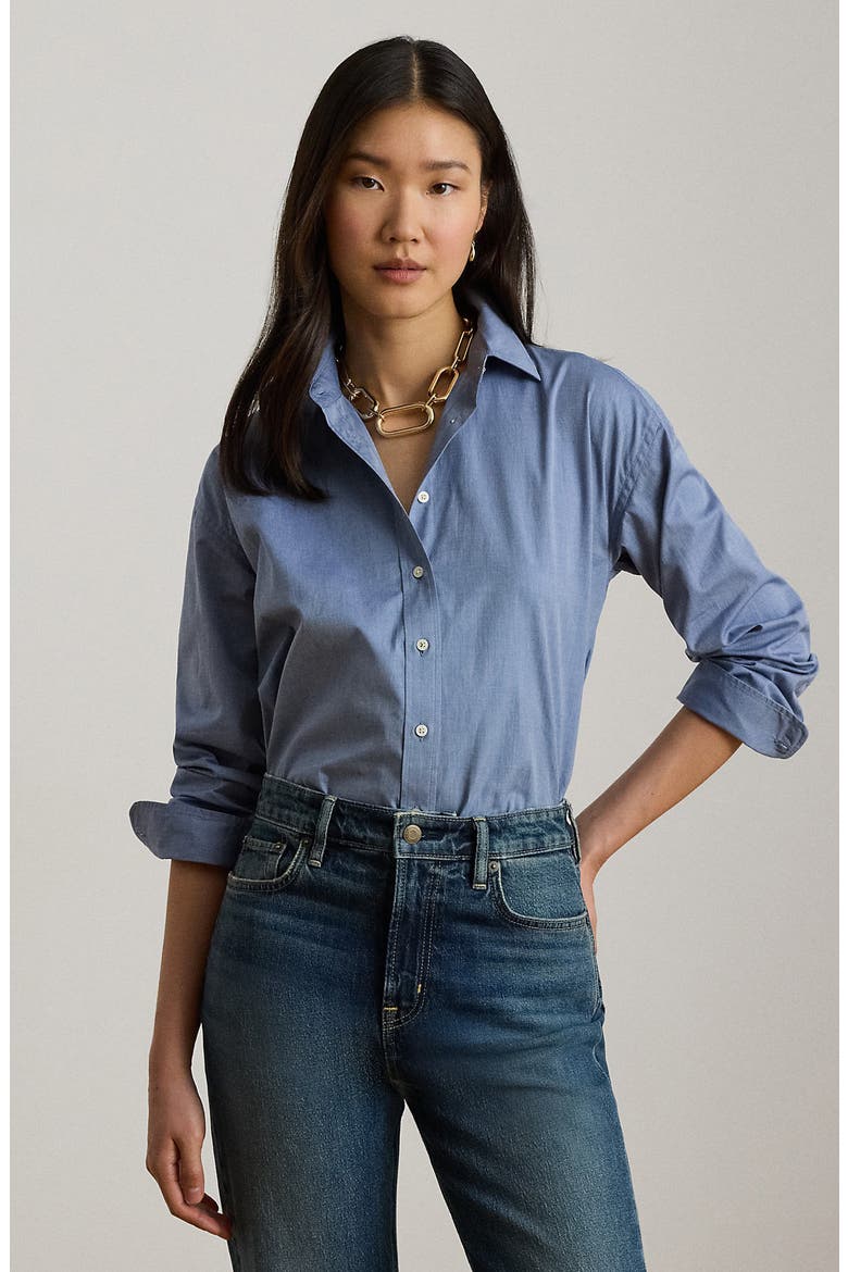Cotton End-on-End Button-Up Shirt, Alternate, color, BLUE