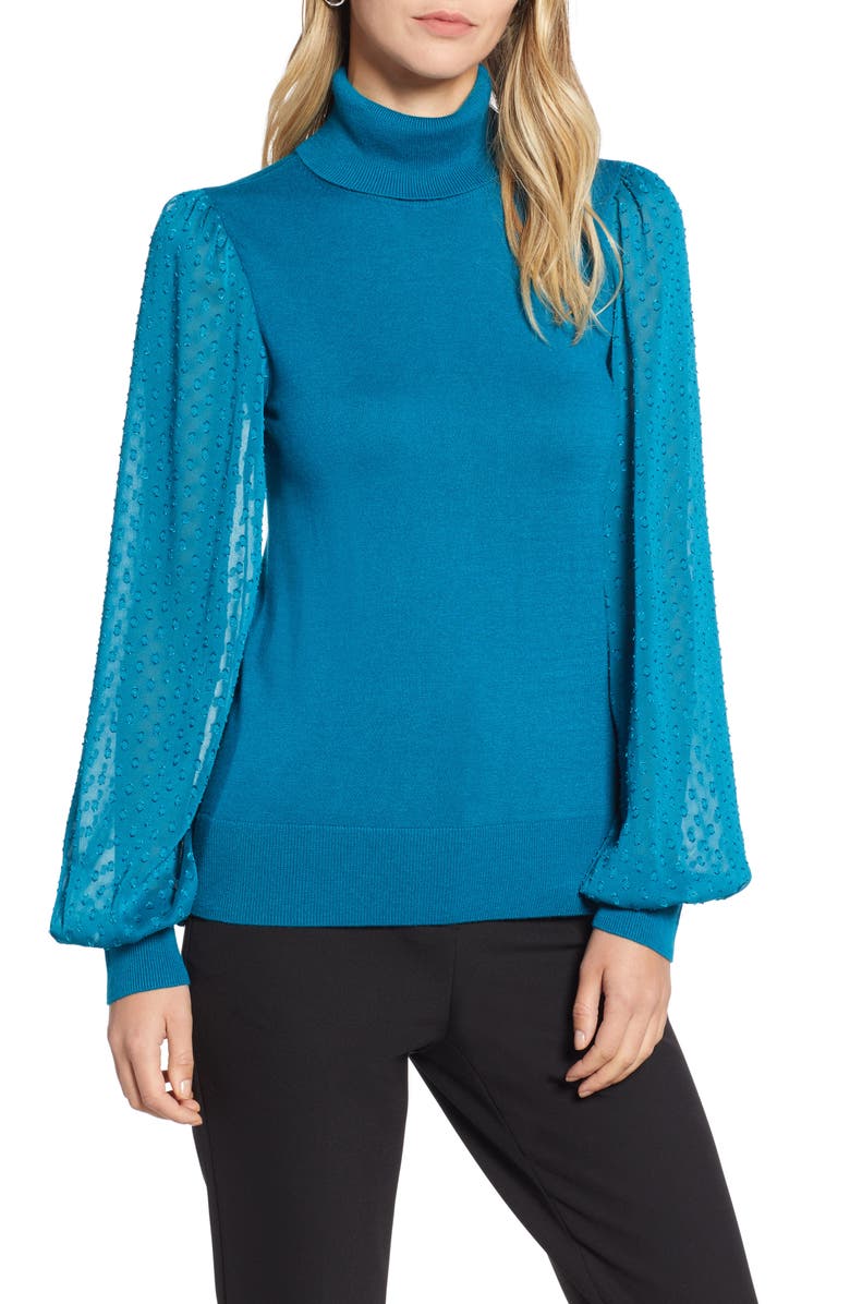Halogen<sup>®</sup> Sheer Sleeve Turtleneck Sweater, Main, color, 