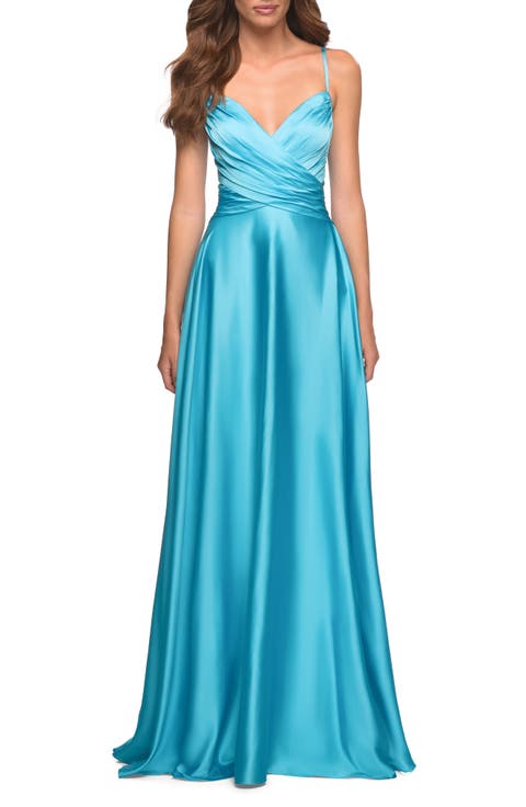 Bright Satin Gown with Criss-Cross Ruched Top