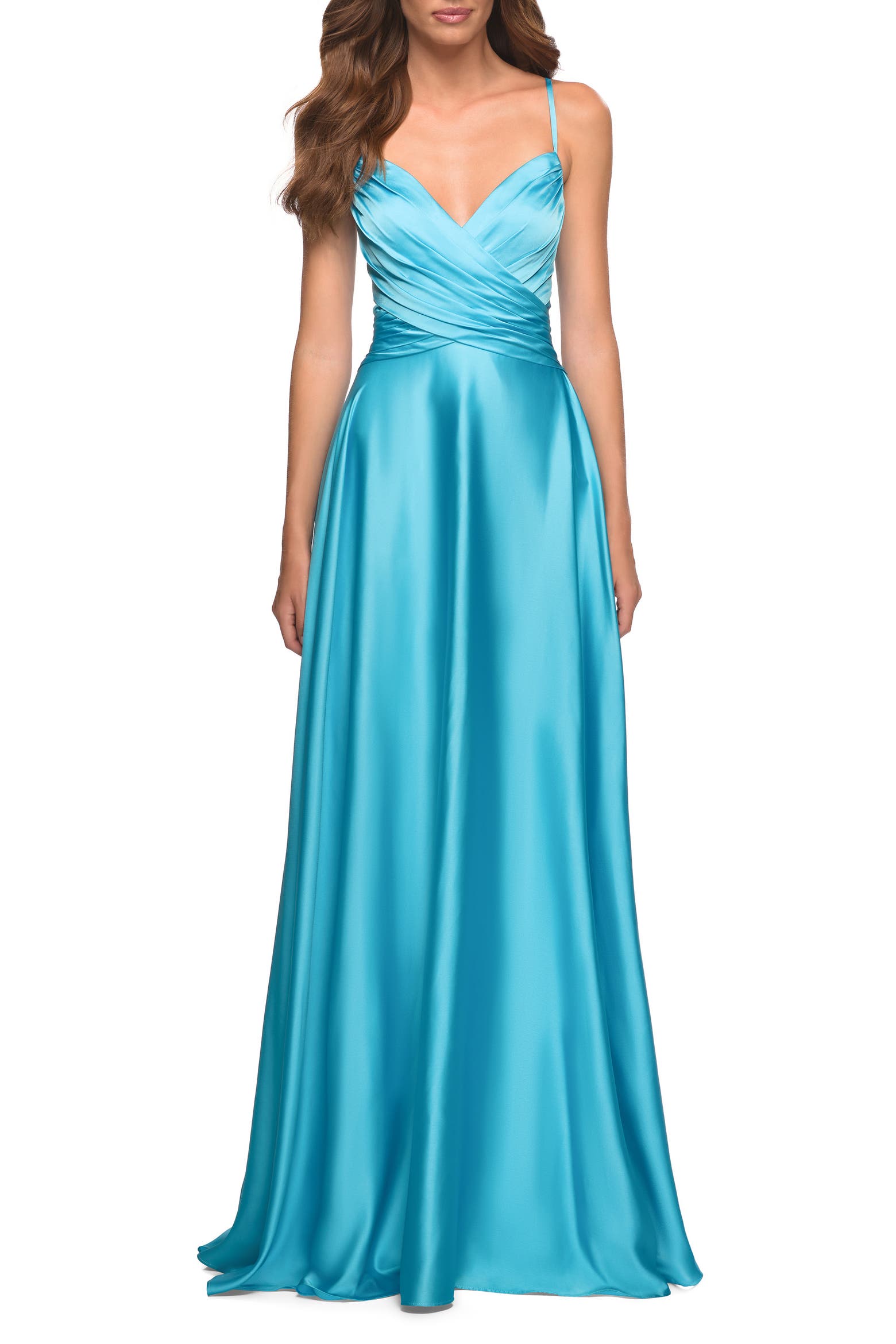 Edit Point Femme La Femme Bright Satin Gown with Criss-Cross Ruched Top (Women) | Nordstrom