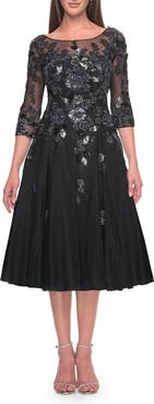 La Femme Unique Lace and Tulle Knee Length Dress with Sleeves