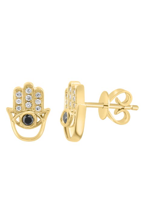 14K Gold White & Black Diamond Hamsa Hand Stud Earrings