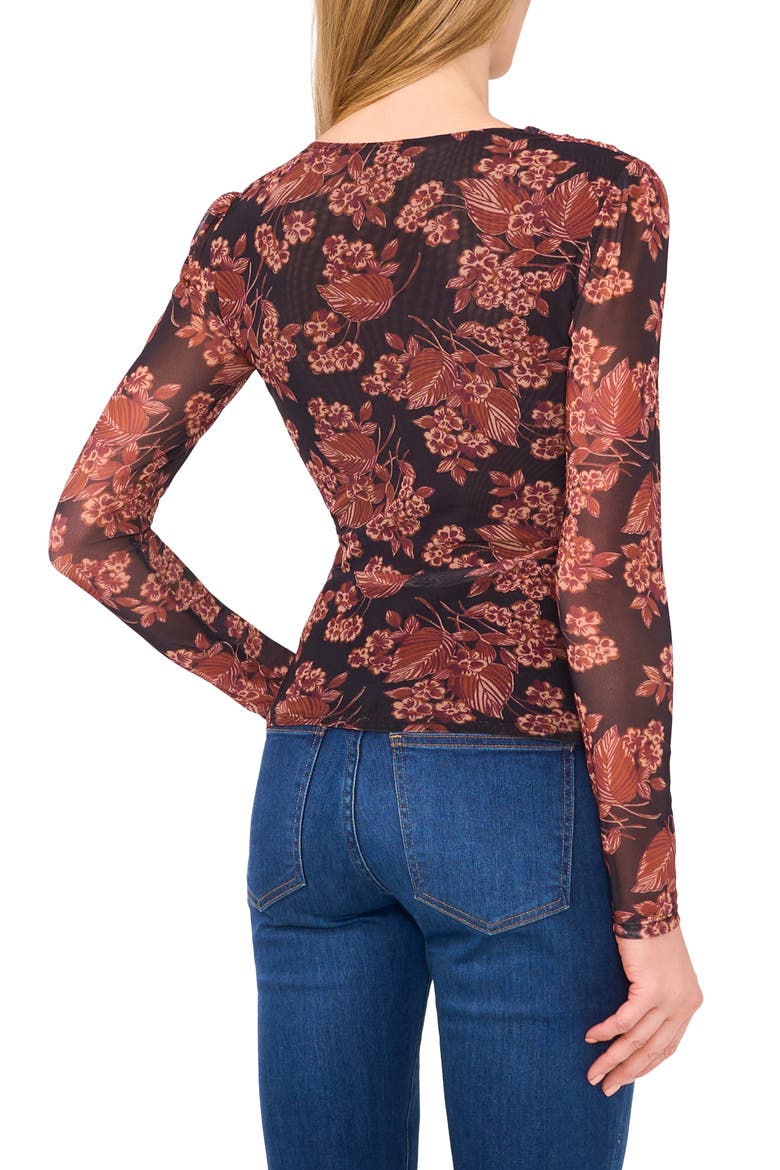 Floral Long Sleeve Mesh Top, Alternate, color, LEATHER BROWN