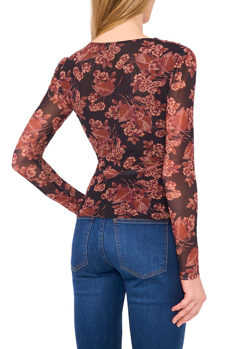 Ted Baker Floral Long Sleeve Mesh Top, Alternate, color, Leather Brown